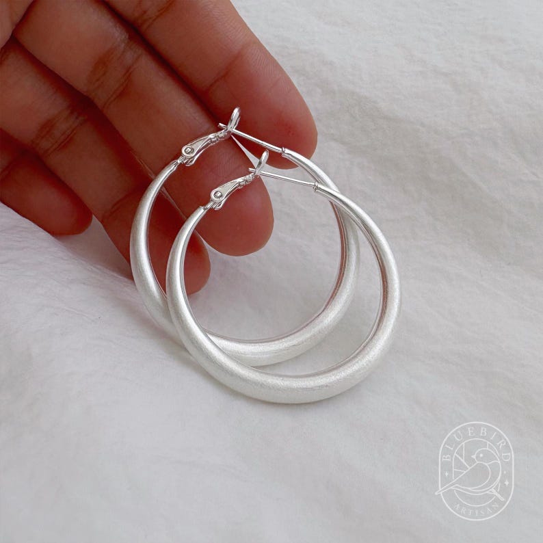 Classic Matte Silver-Plated Hoop Earrings 30mm/40mm/60mm, Lightweight Medium/large Hoops with Latch Back, Handmade Dainty Minimalist Jewelry image 10