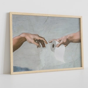 Funny Bathroom Canvas Art: Michelangelo Toilet Paper Parody Print