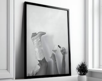 Woman Drinking Wine Art Print: Elegant Bar Cart Decor