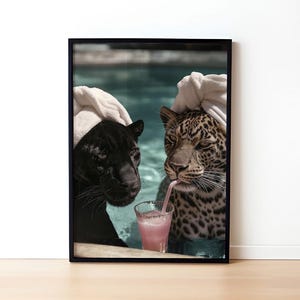 高級ファッション チーターとジャガーがカクテルを飲むプリント、白黒ウォールアート、ビンテージ写真、ファッションプリント、バーカートの装飾 R