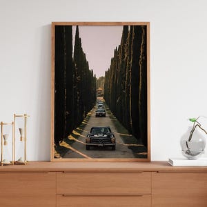 May include: A black vintage car drives down a road lined with tall, dark green cypress trees. The car is driving towards the viewer, and the road is lined with trees on both sides. The sky is a light pink color.