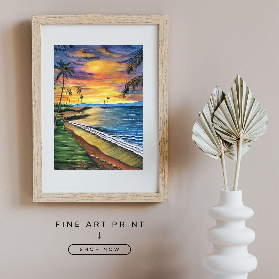 Sunset Beach Art Print • Golden Hour Seascape Painting • Dusk Landscape ...