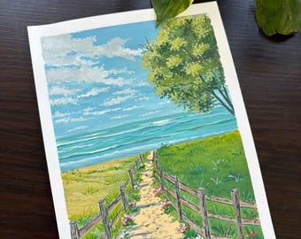 Original Gouache Painting – Coastal Path Seascape, Floral Beach Wall Art (A5)