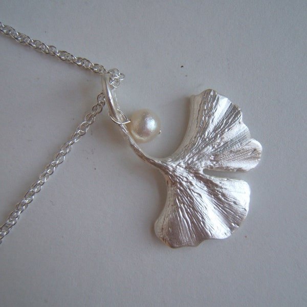 Ginkgo Leaf Necklace Silver Plated Charm with Pearl Sweet, Chic Gift for her Gingko ginko