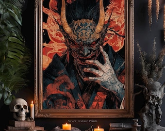 Oni Krieger Japanische Dämonen Maske Kunst - Dark Fantasy Illustration eines Traditionellen Yokais