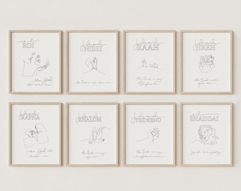 Names of God One Line Art Set of 8, Biblical Christian Printable Art, One Line Minimalist, Black & White