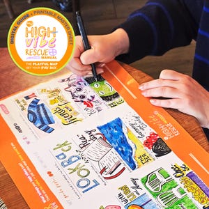 Puede incluir: Una colorida ilustración titulada "My High Vibe Rescue Manual" con el texto "The Playful Map Get Your Spark Back." La imagen presenta ilustraciones y texto dibujados a mano, incluyendo "Look Back" y "Friends and Family."