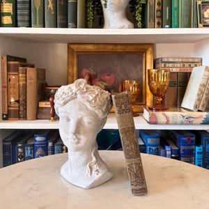 May include: A white plaster bust of a woman and a book titled "Prince of the Gentle People" on a marble table. The book has gold lettering and floral designs. The background includes a shelf of books, a painting, and amber glassware.