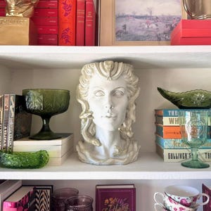 May include: A white bust of a woman with snakes in her hair, displayed on a shelf with books, glassware, and decorative items. The bust is the focal point, surrounded by a curated collection of vintage and antique pieces.