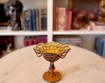 Vintage Amber Ruffled Pedestal Glass