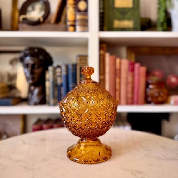 Vintage Amber Glass Candy Dish with Lid | Footed Pedestal Compote