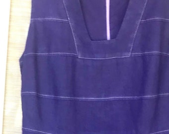 Vintage Linen J Peterman Summer Fall Day Dress Blue Violet Sleeveless Drop Waist Lined Size 10 MIDI