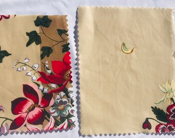 Vintage decorator fabric 2 small samples hand waxed mid century floral chintz Schumacher Magnolias