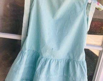 Antique Child's Dress Robins Egg Blue Drop Waist Sleeveless Ruffled Embroidered Issues