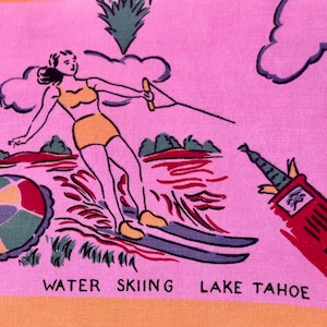 VINTAGE State Souvenir Tablecloth California 30s 40s Pre Disney Hoover Dam Psychedelic Pink image 1
