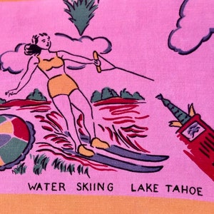 VINTAGE State Souvenir Tablecloth California  30s 40s Pre Disney Hoover Dam Psychedelic Pink