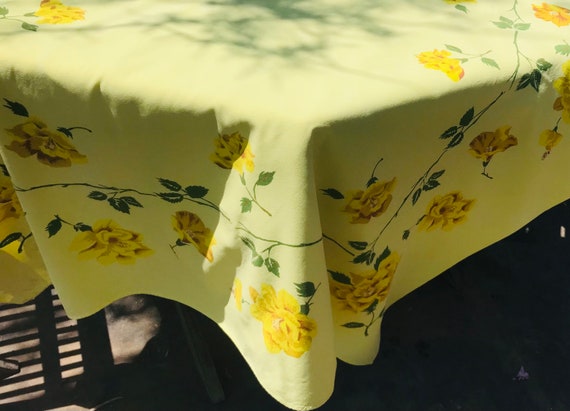 Vintage Rayon Cotton Solid Light Yellow Tablecloth 45 x 52