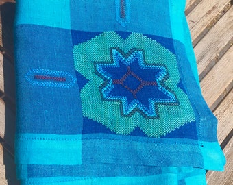 Vintage Linen Woven Tablecloth Textile Southwestern Turquoise Coverlet Curtain Panel Boho