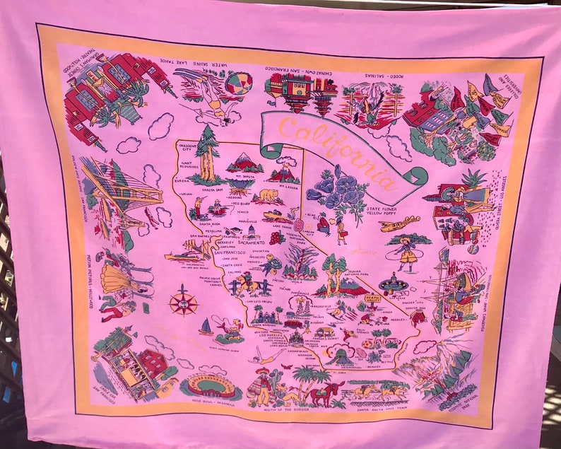 VINTAGE State Souvenir Tablecloth California 30s 40s Pre Disney Hoover Dam Psychedelic Pink image 2