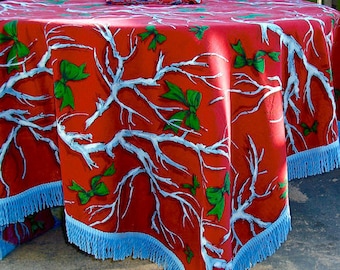 Vintage Mid Century Tablecloth Christmas BRANCHES BOWS Fringed Hand Dyed Painted