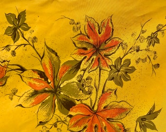 Vintage Mid Century Tablecloth Christmas Thanksgiving Rayon Satin Bronze Russet Leaves CA Hand Prints