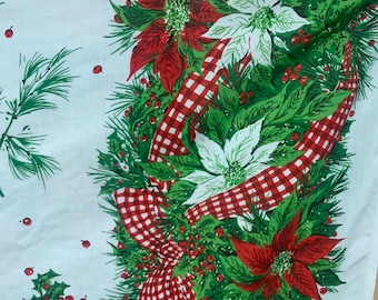 Vintage Mid Century Tablecloth Christmas Pine Holly Gingham Ribbon Twin Sheet Spring Mills