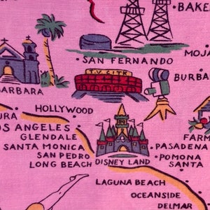 VINTAGE State Souvenir Tablecloth California 30s 40s Pre Disney Hoover Dam Psychedelic Pink image 5