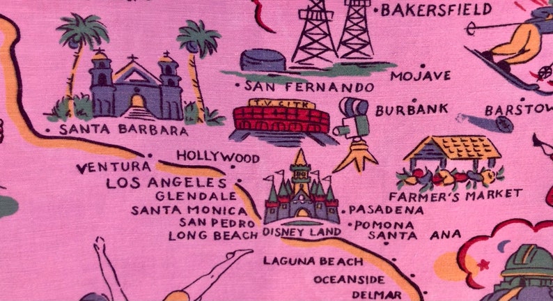 VINTAGE State Souvenir Tablecloth California 30s 40s Pre Disney Hoover Dam Psychedelic Pink image 5