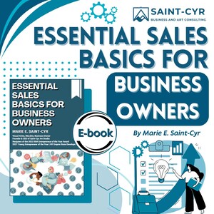 Könnte beinhalten: Ein blaues und weißes E-Book-Cover mit dem Titel "Essential Sales Basics for Business Owners" und dem Namen der Autorin "Marie E. Saint-Cyr". Das Cover zeigt eine stilisierte Illustration eines Buches und einer Glühbirne mit einem Häkchen.