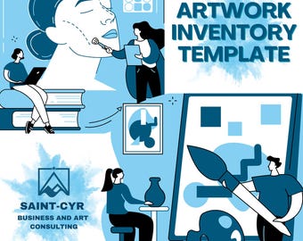 May include: An illustration of an artwork inventory template with a blue background. The illustration shows people working on art projects, including a person painting on a canvas, a person working on a pottery project, and a person working on a computer. The text "ARTWORK INVENTORY TEMPLATE" is displayed in the top right corner of the image.