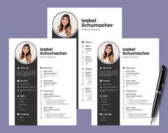 Puede incluir: Una plantilla de currículum vitae en blanco y negro con una foto de una mujer. El currículum incluye el nombre Isabel Schumacher, el título Diseñadora Gráfica, y secciones para Acerca de mí, Educación, Experiencia, Habilidades e Idioma.