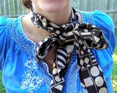 Black and White Geometric Scarf, Circle Pattern, Two Toned Design, Long Silky Scarf, Ecru and Eggplant, Chevron Scarf, Checkered, Striped