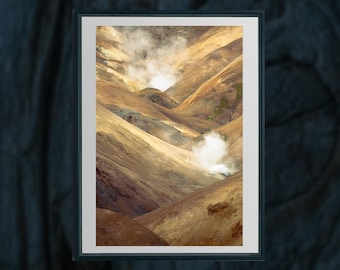 Valle geotérmico de Kerlingarfjöll – Impresión artística de las tierras altas de Islandia / Fotografía de paisaje de montañas humeantes