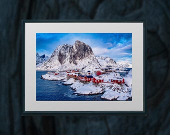 Arte mural de las islas Lofoten de Noruega, fotografía de paisaje surrealista, lámina de arte ártico.