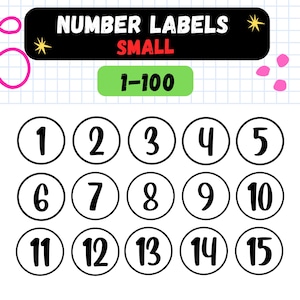 May include: A sheet of small number labels, numbered 1-15, with a black and white design. The labels are in a circle with a black border. The text "NUMBER LABELS SMALL 1-100" is at the top.