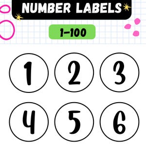 May include: A white grid background with number labels. The image shows the text "NUMBER LABELS" in a black rectangle. Below is a green rectangle with the text "1-100". Six circular labels with numbers 1 to 6 are displayed.