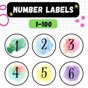 May include: Circular number labels with watercolor backgrounds. Each label features a number from 1 to 6 in a black font. The backgrounds are various colors, including green, blue, pink, yellow, and purple. The text "NUMBER LABELS" is at the top.