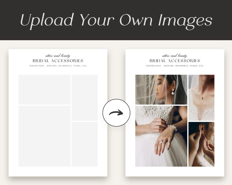 May include: A white template with four empty squares for uploading images. The text "attive and beauty BRIDAL ACCESSORIES INSPIRATION JEWELRY, HEADPIECE, PURSE, ETC." is at the top of the template.