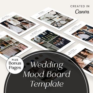 May include: A wedding mood board template with images of a bride and groom, wedding details, and a color palette. The template is designed to help couples plan their wedding.