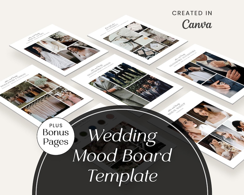 May include: A wedding mood board template with images of a bride and groom, wedding details, and a color palette. The template is designed to help couples plan their wedding.