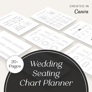 May include: A black and white wedding seating chart planner with 20+ pages. The planner includes templates for different table shapes and sizes, as well as a guest list and seating chart.