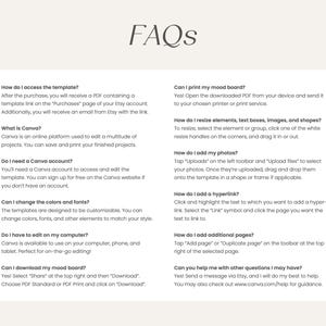 May include: A white background with black text answering frequently asked questions about a mood board template. The text includes questions like "How do I access the template?" and "Can I print my mood board?"