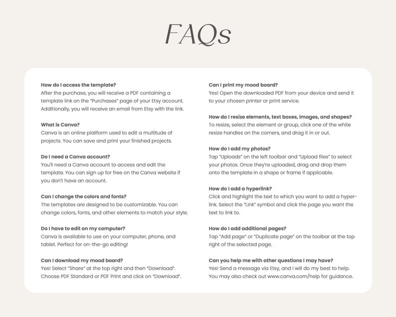 May include: A white background with black text answering frequently asked questions about a mood board template. The text includes questions like "How do I access the template?" and "Can I print my mood board?"