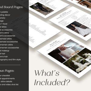 May include: A set of printable wedding planning pages with a black background and white text. The pages include sections for a mood board, bonus pages, and a list of what's included. The pages are designed to help couples plan their wedding.