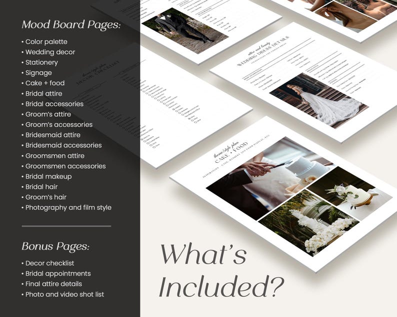May include: A set of printable wedding planning pages with a black background and white text. The pages include sections for a mood board, bonus pages, and a list of what's included. The pages are designed to help couples plan their wedding.