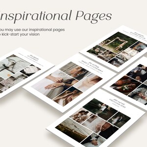 May include: A set of inspirational pages for wedding photography, featuring images of a bride and groom, wedding details, and a wedding ceremony. The pages are titled "Bride & Accessories", "Wedding Day Vibe", "Groom & Groomsmen", "Photography", and "At a Glance".