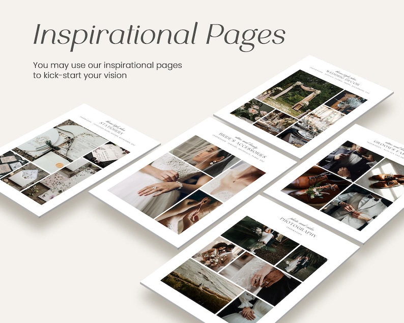 May include: A set of inspirational pages for wedding photography, featuring images of a bride and groom, wedding details, and a wedding ceremony. The pages are titled "Bride & Accessories", "Wedding Day Vibe", "Groom & Groomsmen", "Photography", and "At a Glance".