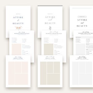 May include: Three printable templates for wedding planning, with the text "Attire and Beauty" and floral illustrations. The templates include sections for wedding dress details and bridal attire.
