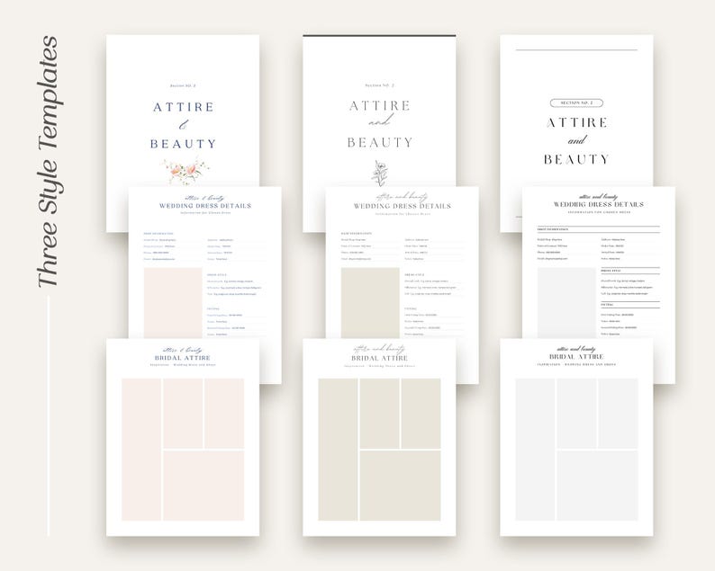 May include: Three printable templates for wedding planning, with the text "Attire and Beauty" and floral illustrations. The templates include sections for wedding dress details and bridal attire.