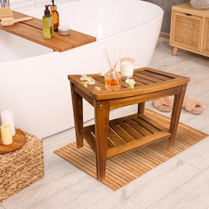 Acacia Shower Bench with Shelf 21 Inch, Wood Shower Stool & Spa, Bath Seat